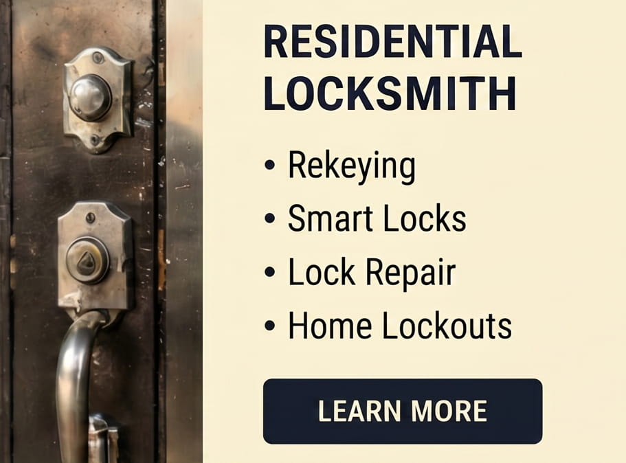 Residential Locksmith with a photo of a door with handel and lock